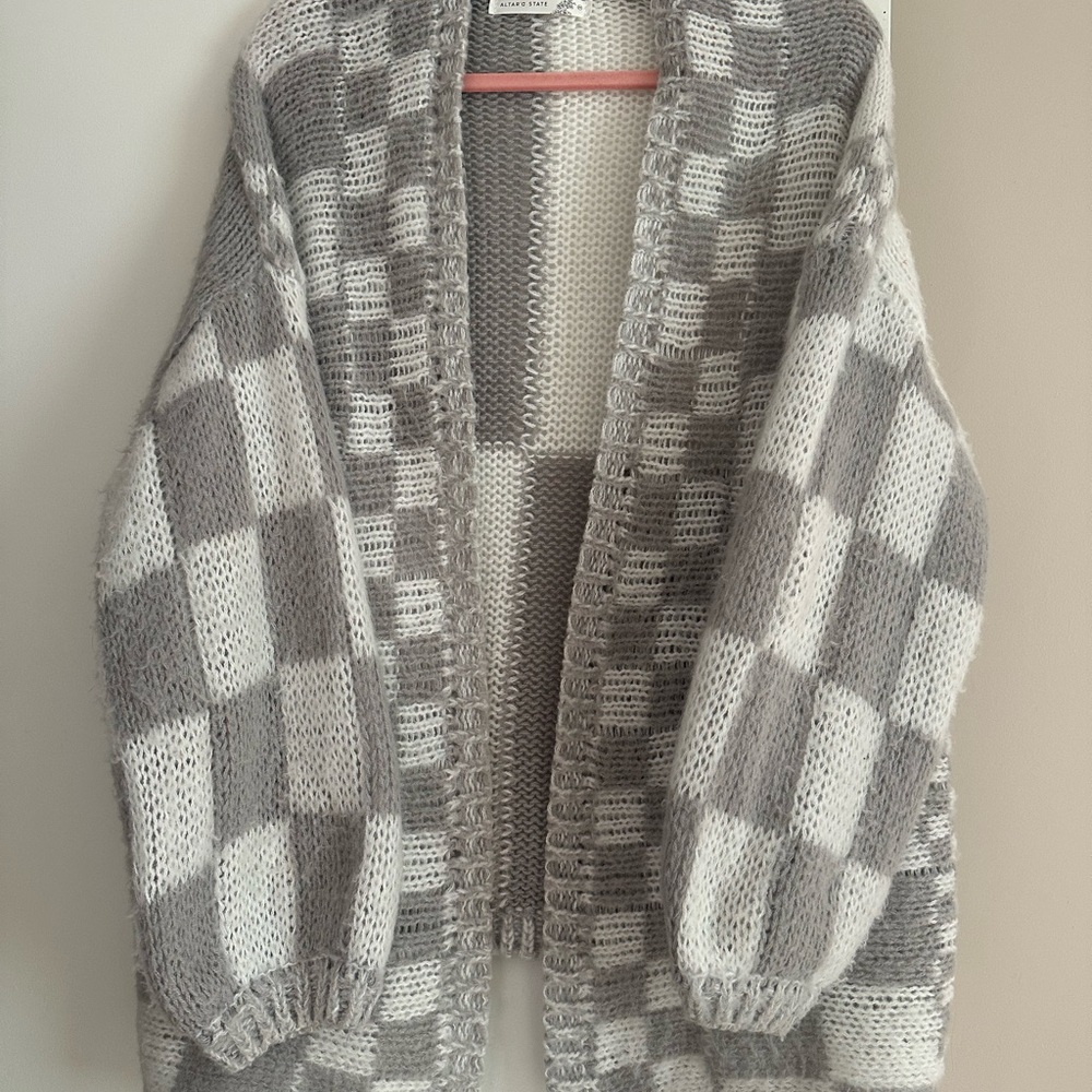 Altar'd State Cream and Gray Plaid Cardigan